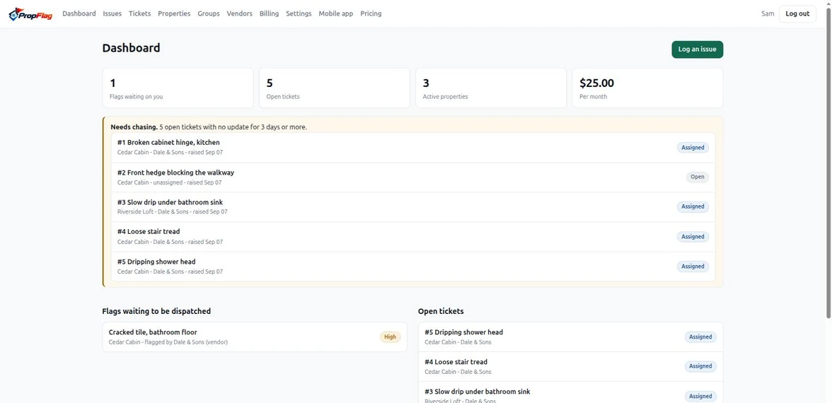 PropFlag dashboard listing flags waiting, open tickets and jobs with no update for three days