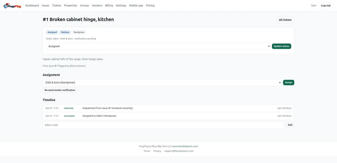 A PropFlag work order showing its status, assigned vendor and a timeline of every change