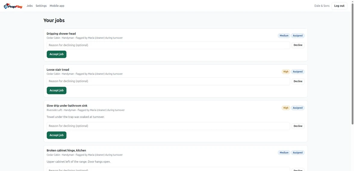 The PropFlag vendor portal showing jobs a handyman can accept or decline